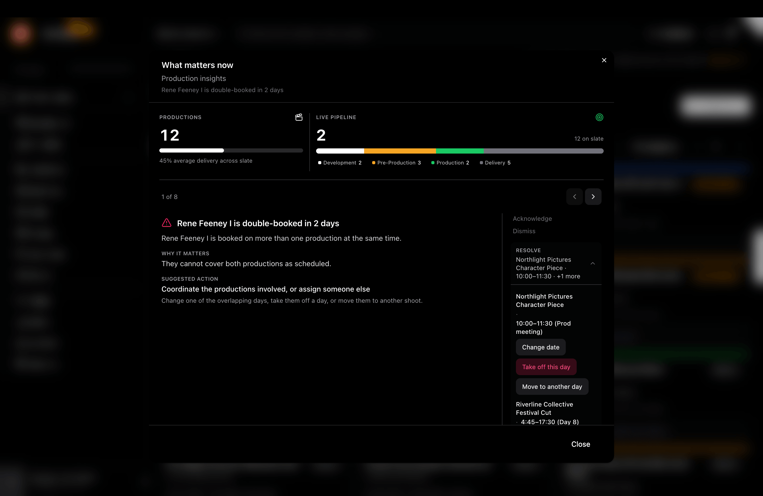Production insights with conflict alerts and suggested actions