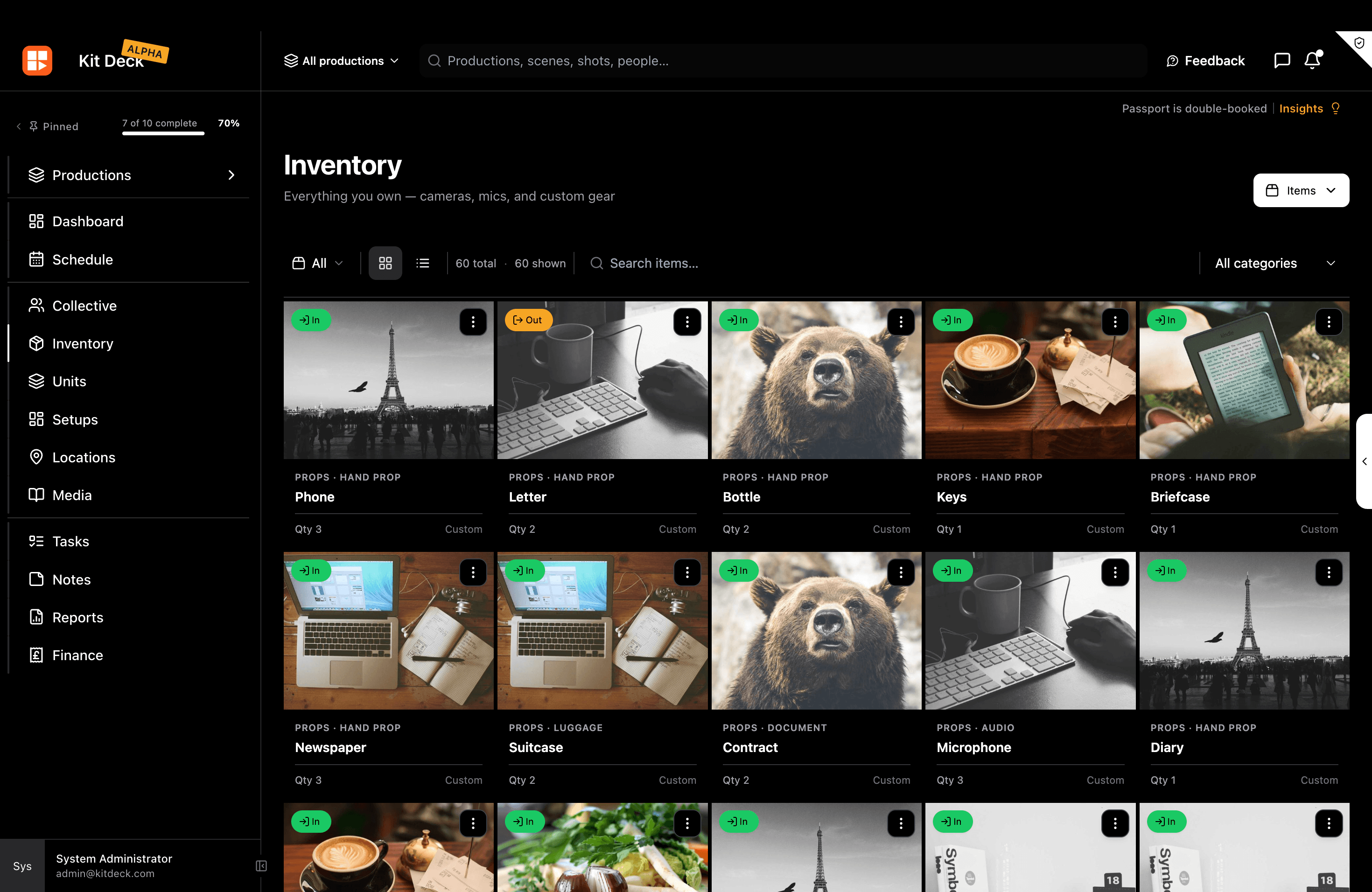 Inventory catalog of production gear and props