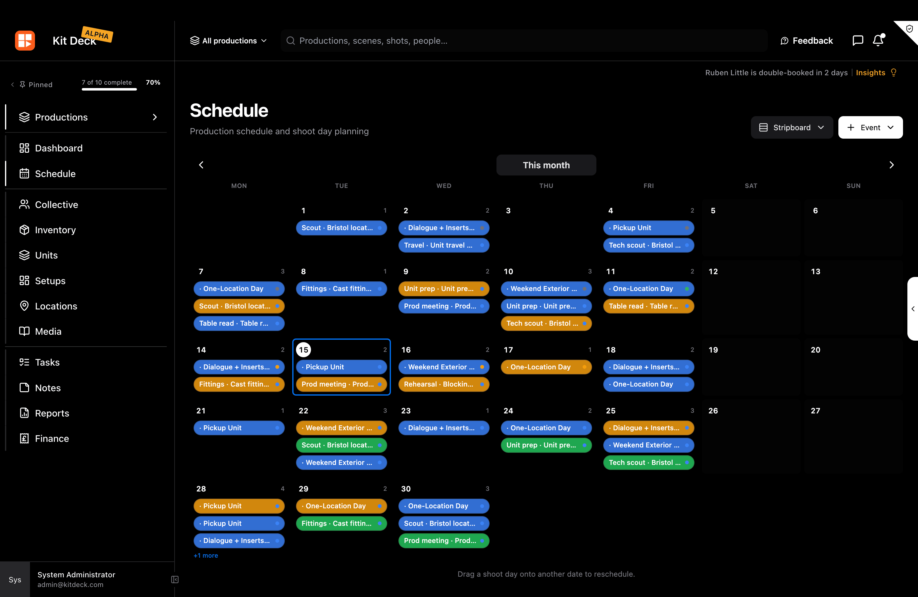 Production schedule calendar with shoot days and events
